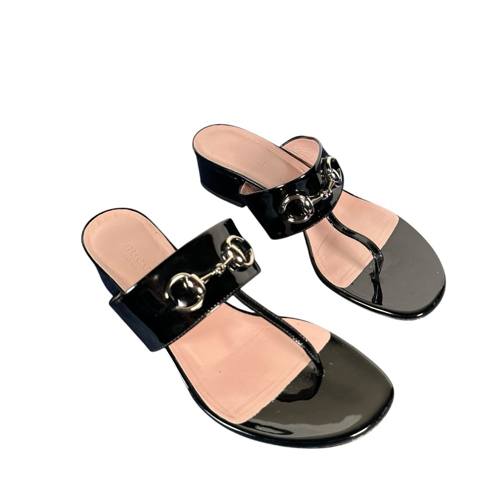 GUCCI Patent T-Bar Strap Horsebit Sandals - Picture 2 of 11